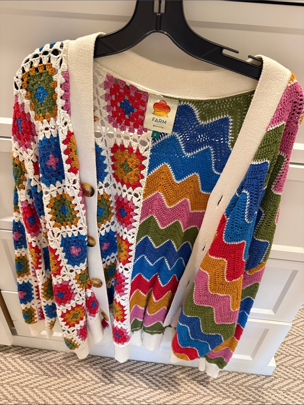 Farm Rio Multicolor Crochet-Pattern Cardigan Sweater - Cream Trim
